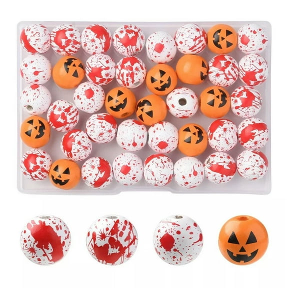 U8MO 40Pcs Halloween Printed Natural Wooden Beads Round Pumpkin Beads 16x14.5mm