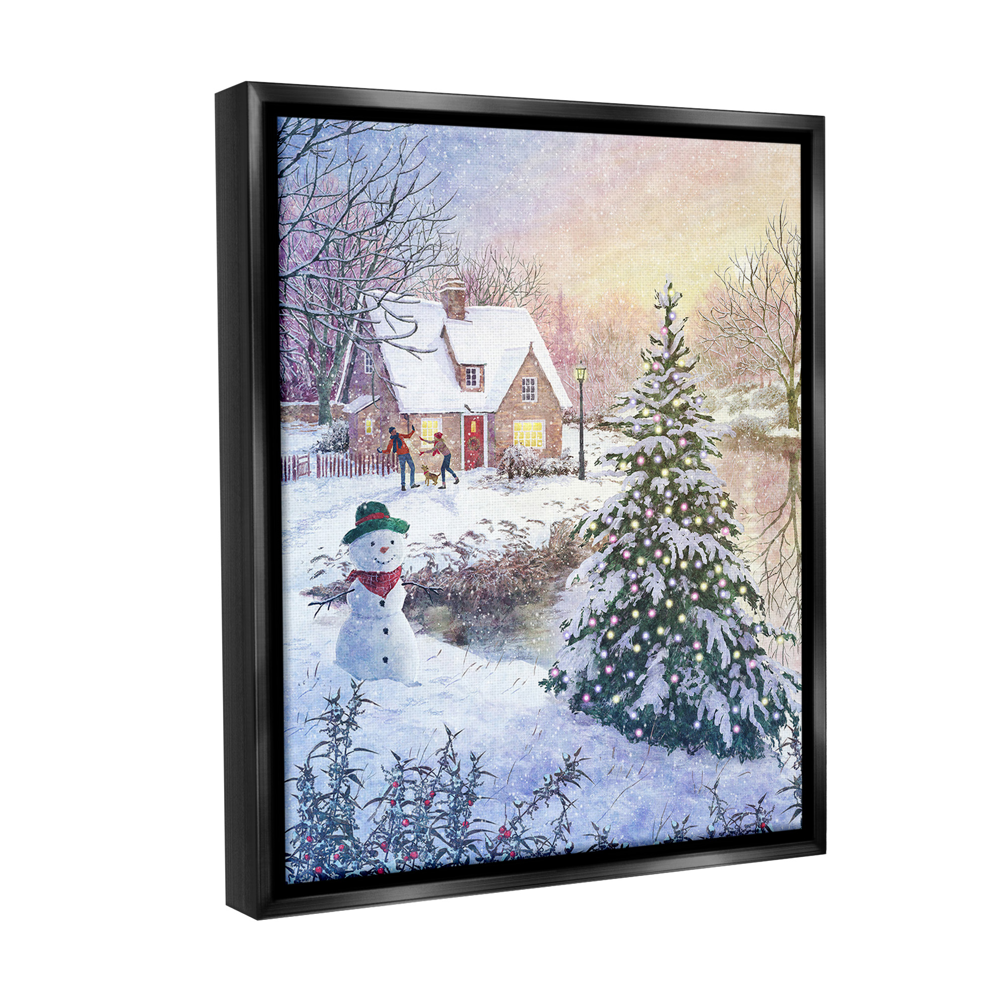 Stupell Industries Kids Playing in Snow Holiday Painting Black Floater Framed Canvas Art Print Wall Art, 17 x 21