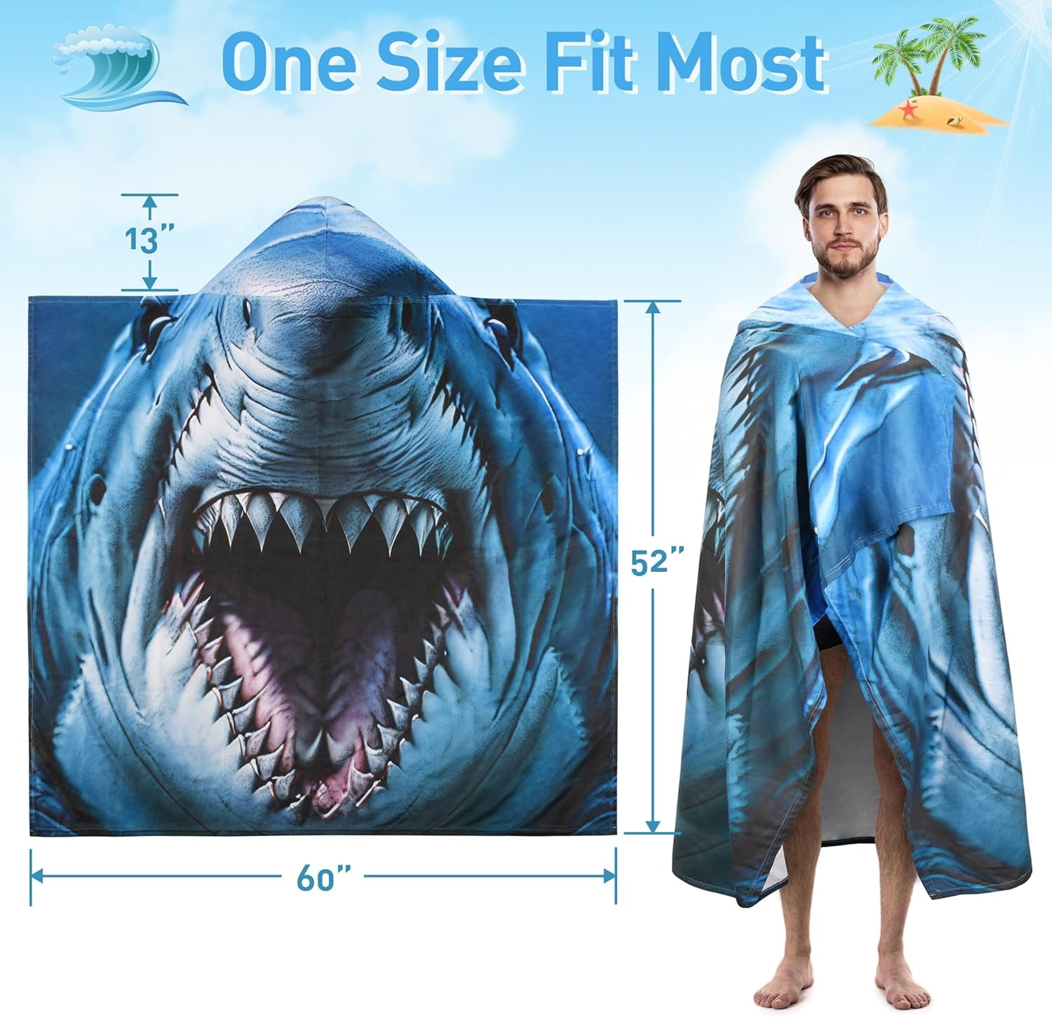 Tirrinia Lightweight Beach Poncho Towel with Hood for Adult, Quick Dry, Travel Surfer Pool