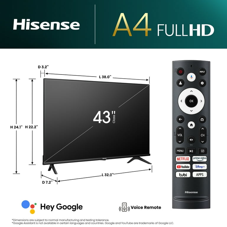 Hisense 43-Inch Class A4 Series FHD 1080p Google Smart TV - DTS Virtual: X,  Game & Sports Modes, Chromecast Built-in (43A4K)