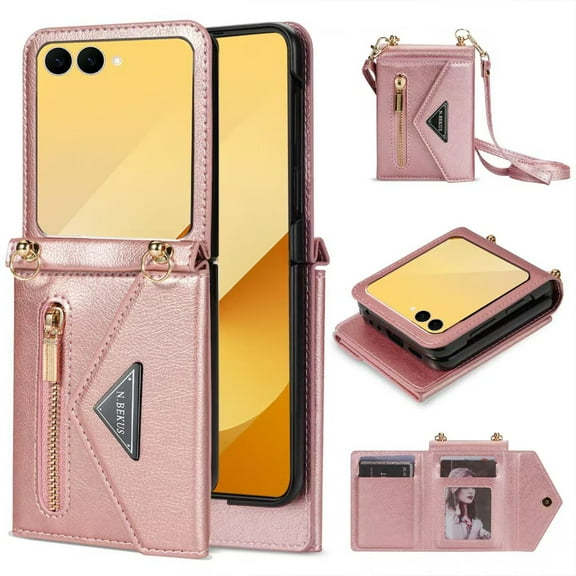 Feishell for Samsung Galaxy Z Flip 5 Crossbody Zipper Wallet Phone Case,Premium PU Leather Kickstand Metal Buckle Credit Card Slots Shockproof Purse Phone Case with Detachable Shoulder Strap,Rosegold