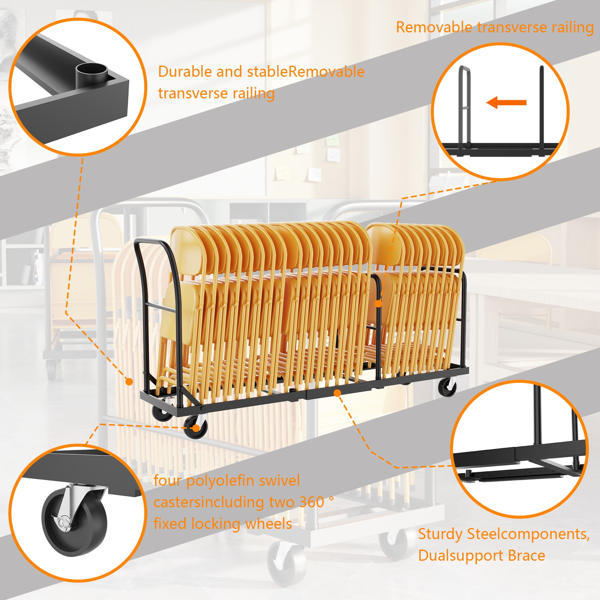 HOHYN Industrial Folding Chair Hand Truck | 2000LB Capacity, 4-Wheel Stability System, All-Terrain Mobility | Ideal for Event Venues, Banquet Halls and Hospitality Use