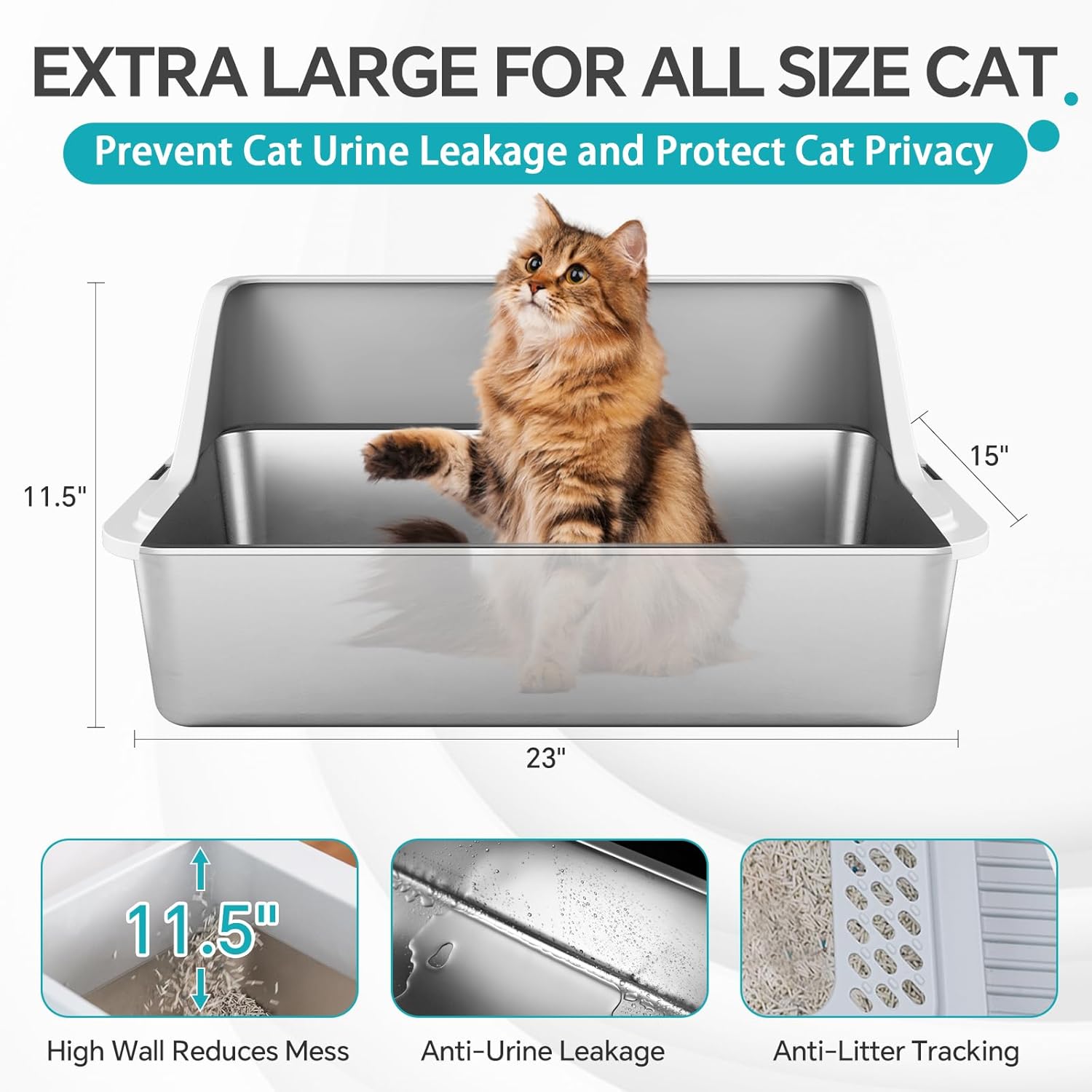 Enclosed Stainless Steel Litter Box with Lid, XL Extra Large Stainless Steel Cat Litter Box for Big Cats, High Sides Metal Litter Box, Anti-Leakage, Easy Cleaning, Odor-Resistant, with Scoop