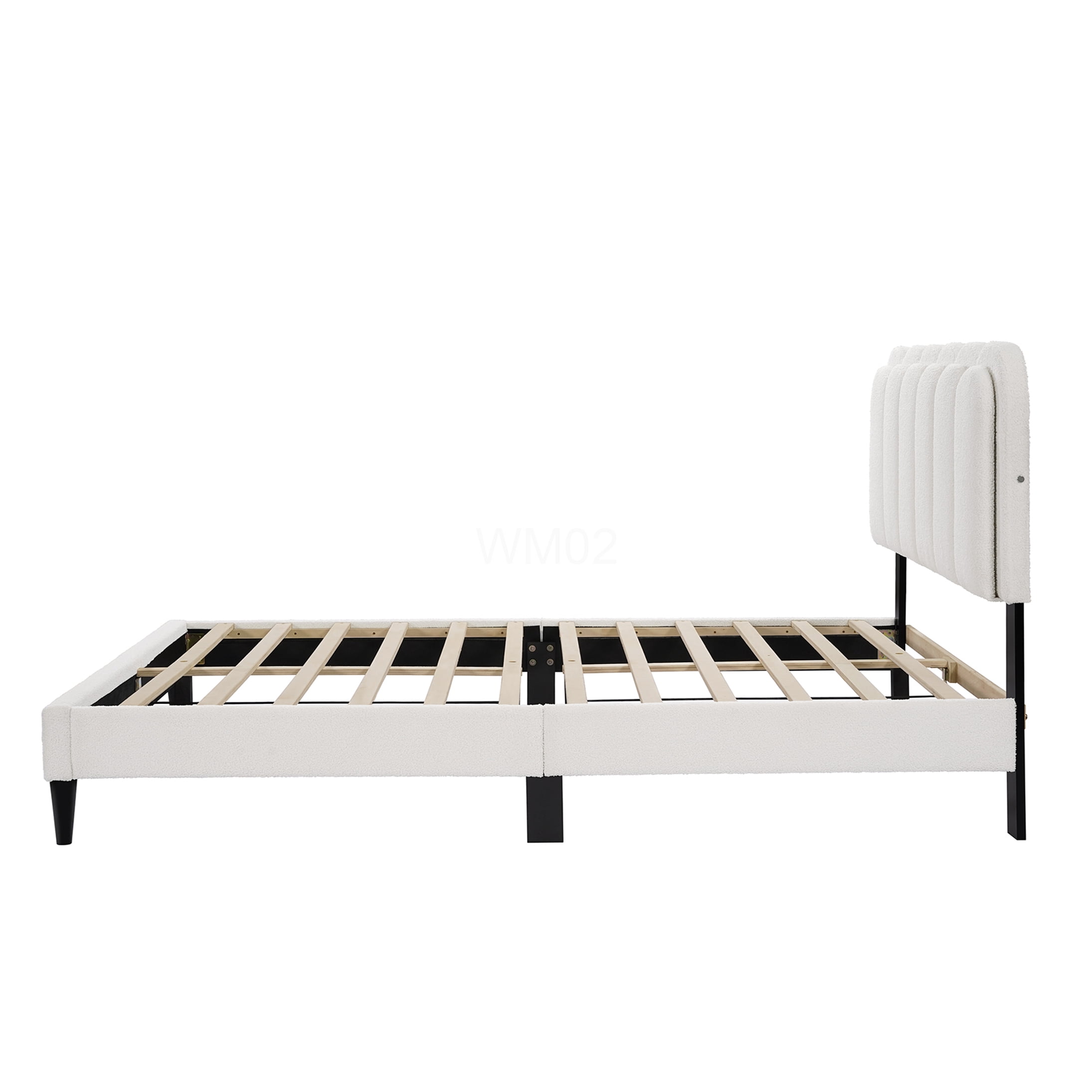 Queen Upholstered Bed Frame with LED Headboard and Storage, Modern Platform Bed with Soft Boucle Fabric, Noise Free, Wood Slat Support
