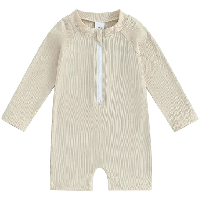 Zanarzt Baby Girl Rash Guard Baby Boy Swimsuit Ocean Theme Print Zip Up Short Sleeve Bathing Suit Rash Guard Swimwear Beige,1-2 Years