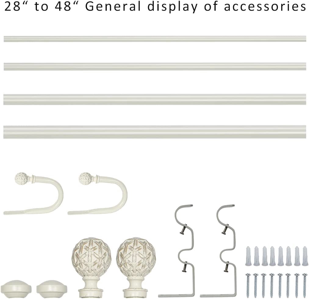 eTeckram 1" Double Curtain Rod with Geo Ball Finials and holdbacks(28''-48'',Weathered White)