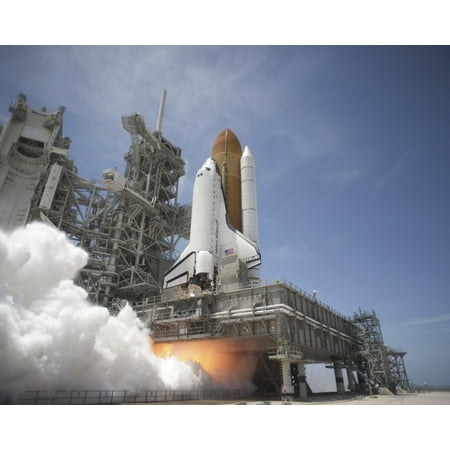 An exhaust plume forms under the mobile launcher platform on Launch Pad 39A as space shuttle Atlantis lifts off into orbit Stretched Canvas - Stocktrek Images (32 x