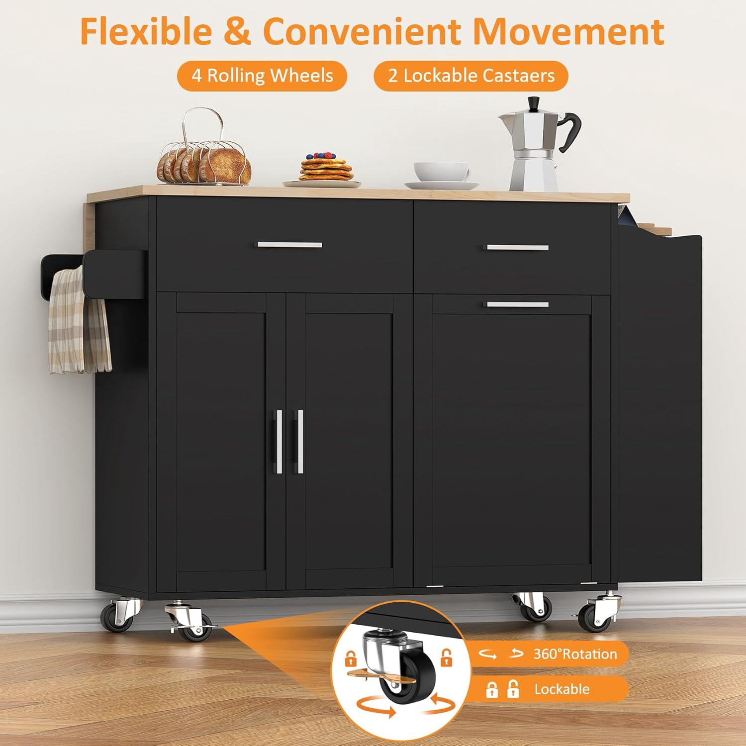 Frmobepts Rolling Kitchen Island with Drop Leaf, Tilt Out Kitchen Trash Cabinet 10 Gallon Storage, Kitchen Cart Island with Rubber wood Top, Spice Rack and Drawers,Black