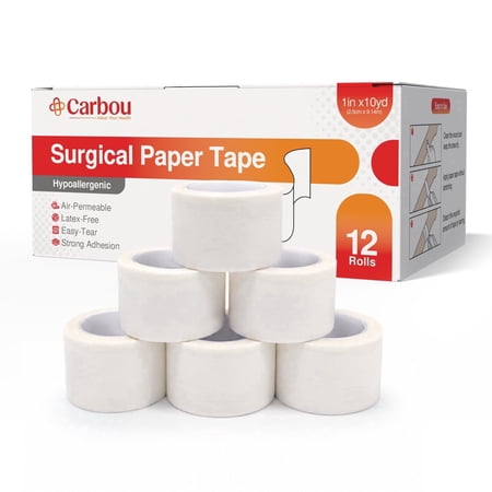 Carbou Paper Medical Tape 12 Rolls - 1" x 10 Yards, Hypoallergenic Latex-Free Breathable, Secures Dressings & Medical Devices, Wound First Aid