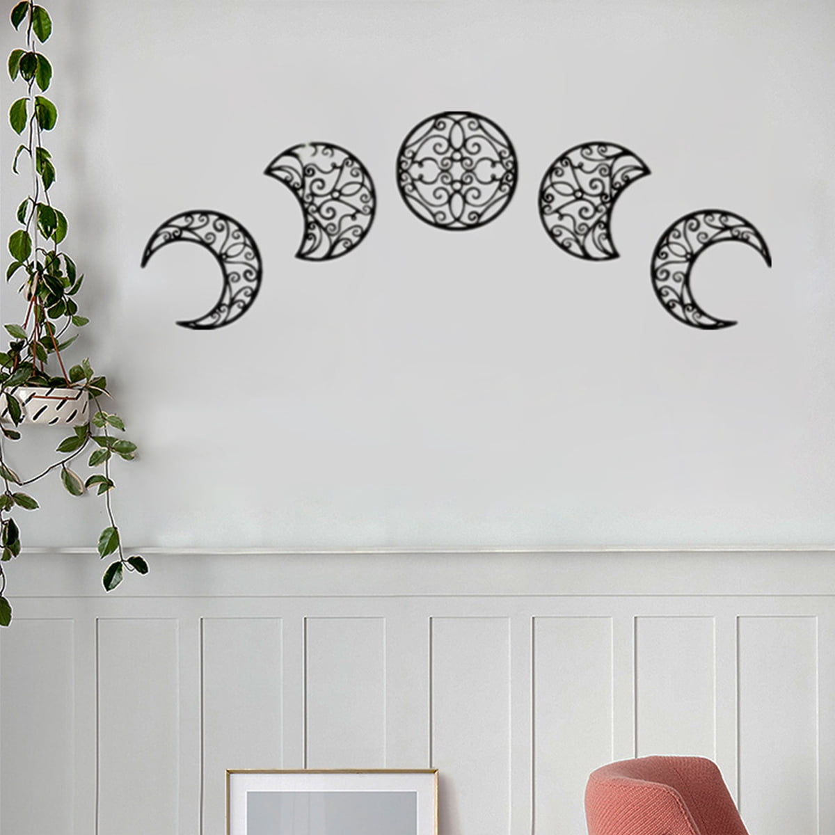 5PCS Black Moon Decoration Wall-mounted 3D Moon Phase Spiritual Bedroom Wall Decor Wood Moon Appearance Adornment Natural Design Nordic Moon Decoration for Christmas Home Decoration