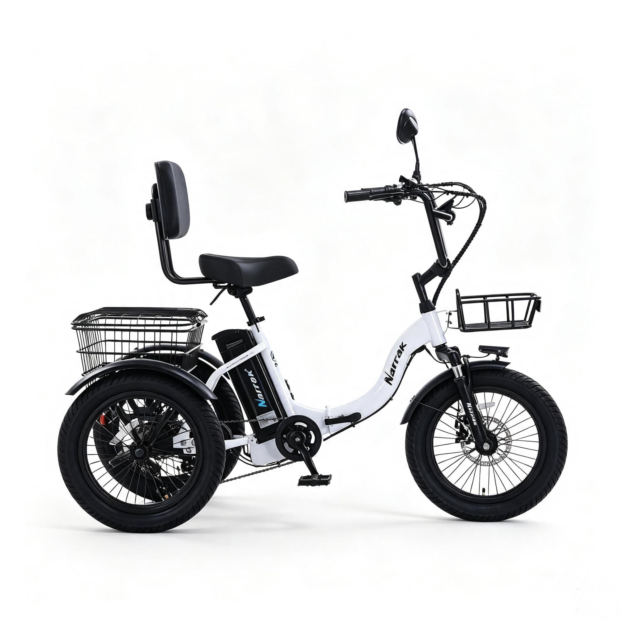 Narrak Electric Tricycle for Adults Folding Step-Thru 3 Wheel Electric Trike 18 x 3.0 Fat Tire 1100W Peak Motor 48V 13Ah UL Certified Battery Dual Large Baskets