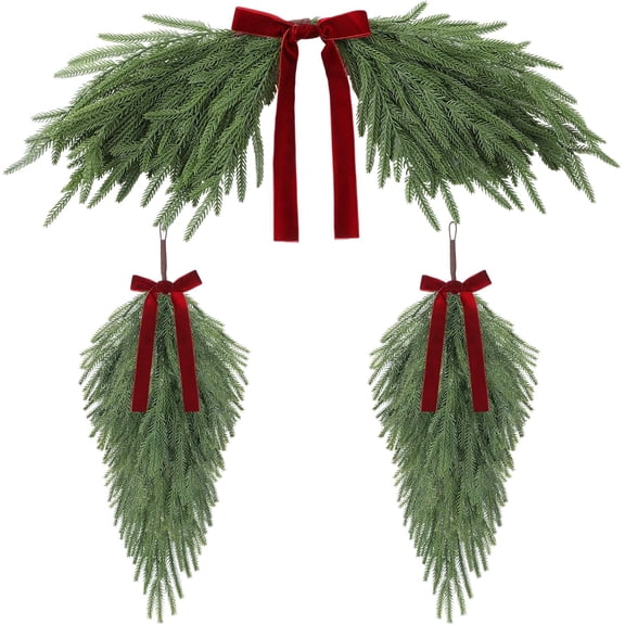 3 PC 24 Inch Christmas Artificial Greenery Teardrop Swag Arch Wreath Sets with Red Velvet Ribbon Bow Realistic Norfolk Pine Greenery Decor for Festive Front Door Window Wall Mirror