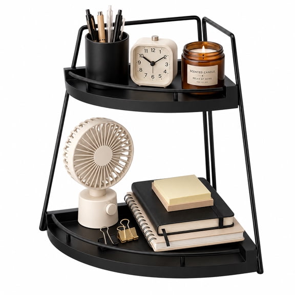 2-Tier Triangle Corner Desk Organizer, 9.6 x 9.6 x 12.2 in Black Wood Base and Iron Space-Saving Storage Shelf, Easy Assembly Corner Counter Shelf for Kitchen Countertop, Bathroom Vanity, Office Rack
