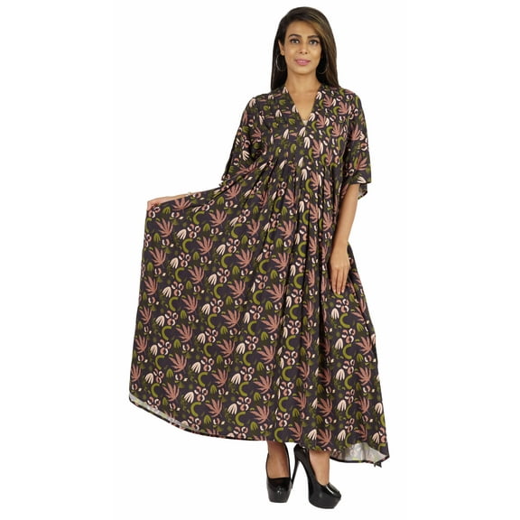 Moomaya Women Long Maxi Cover Up Printed Kimono Sleeve Night Dress Maxi Kaftan Gown Sleepwear