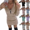 thumbnail image 2 of Autumn and winter foreign trade women  zipper waist long-sleeved knitted hip dress ladies long-sleeved knitted slim hip dress (PURPLE,XL), 2 of 7