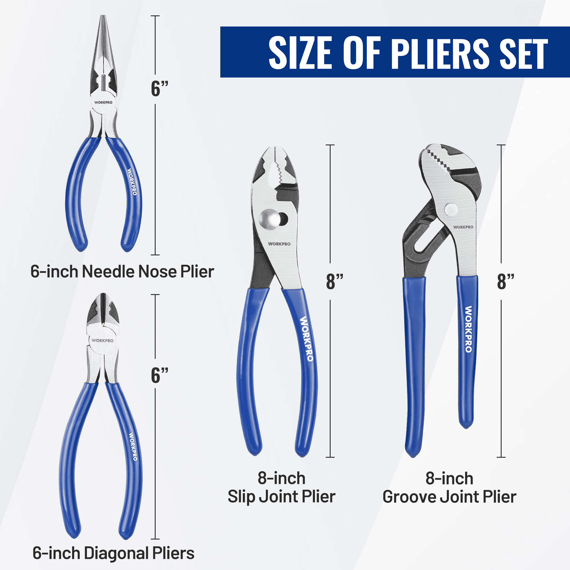 WORKPRO 7-piece Pliers Set (8-inch Groove Joint Pliers, 6-inch Long Nose, 6-inch Slip Joint, 4-1/2 Inch Long Nose, 6-inch Diagonal, 7-inch Linesman, 8-inch Slip Joint) for DIY & Home Use - Free Delivery WORKPRO 7-piece Pliers Set (8-inch Groove Joint Pliers, 6-inch Long Nose, 6-inch Slip Joint, 4-1/2 Inch Long Nose, 6-inch Diagonal, 7-inch Linesman, 8-inch Slip Joint) for DIY & Home Use - Free Delivery