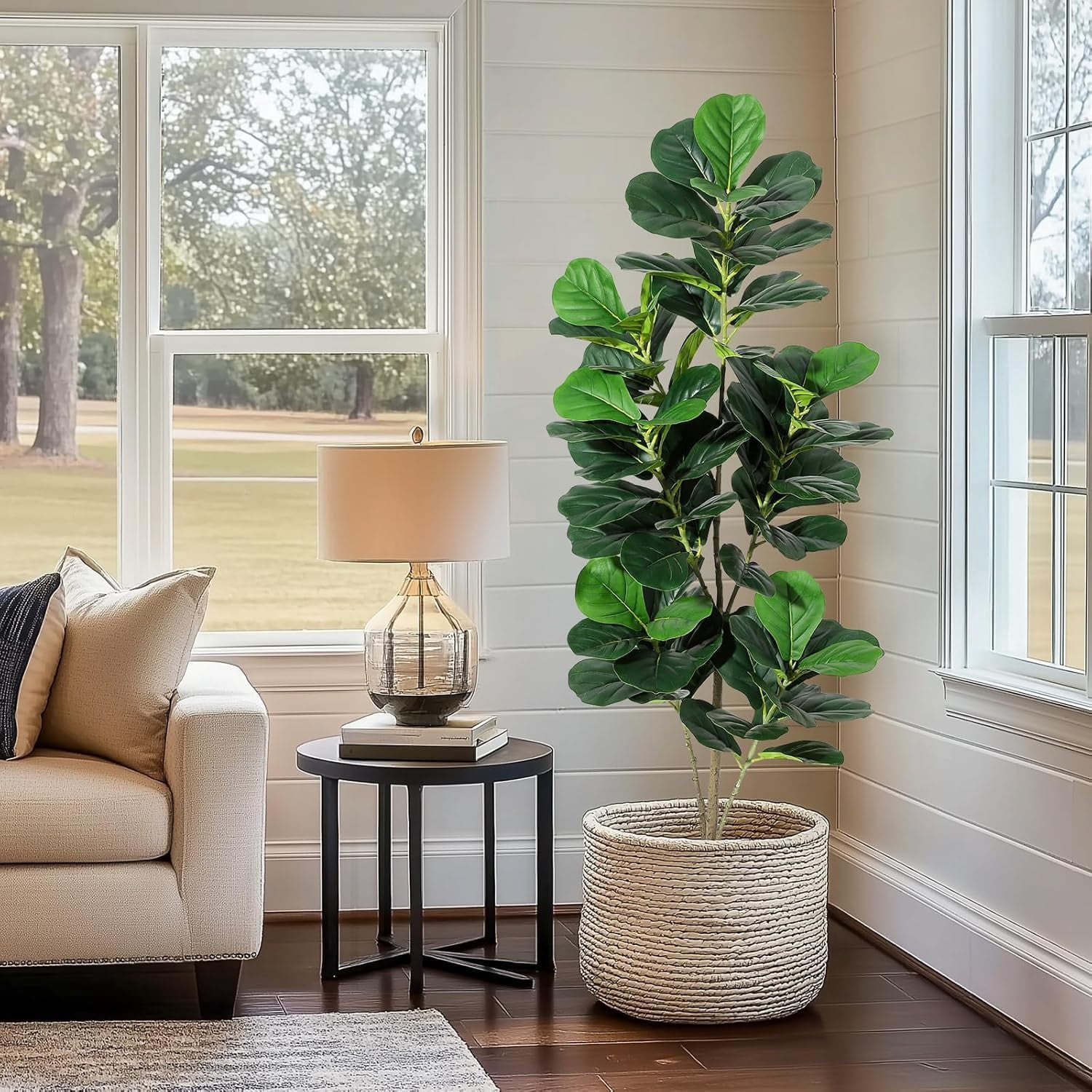 5FT Fiddle Leaf Fig Artificial Tree Faux Floor Plant, Potted Fake Fiddle Leaf Fig Tree for Indoor Outdoor Home Office Decor, with Black Planter Pot