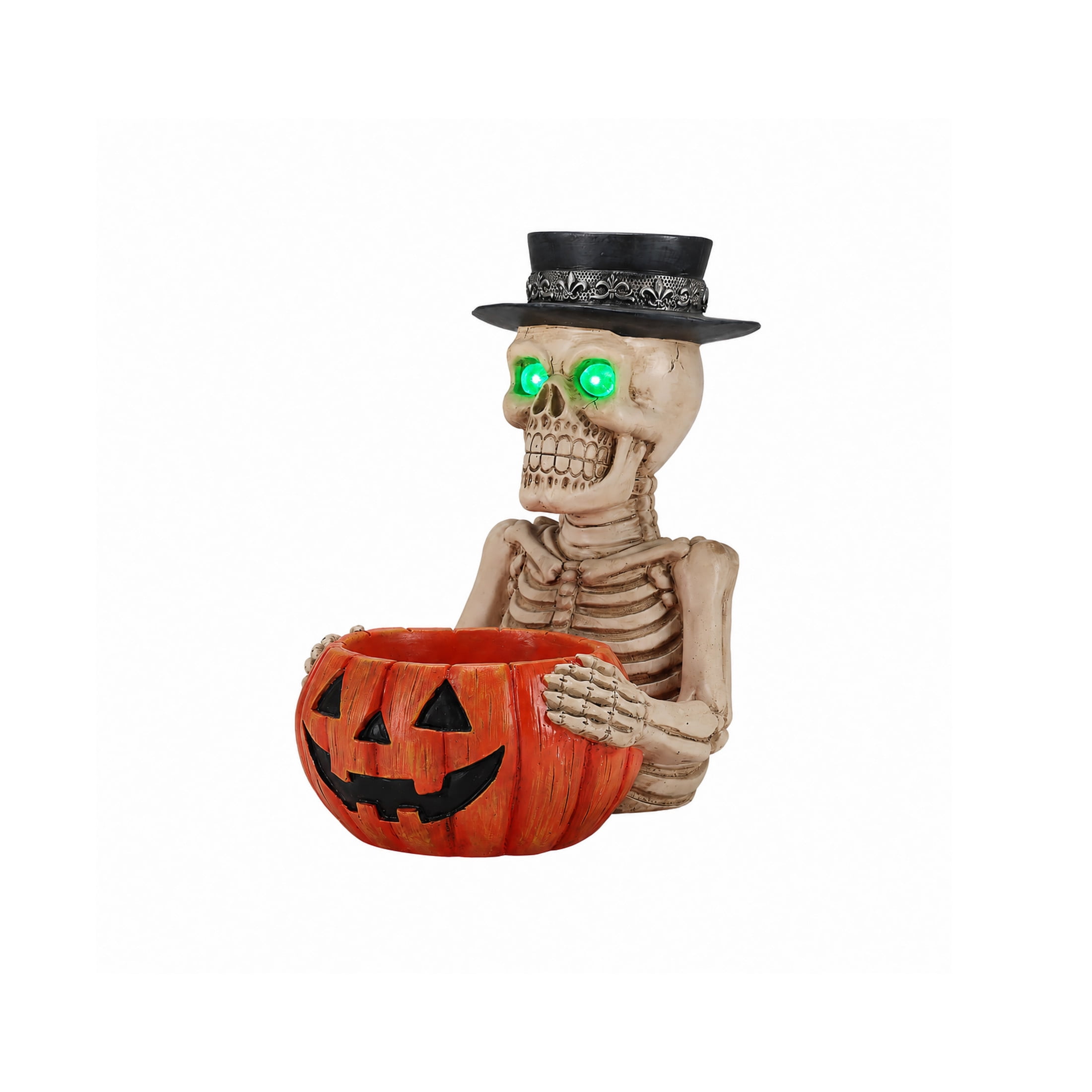 Noble House Halloween Skeleton Figurine with Pumpkin Bowl & Pillar Candle Holder Top Hat, Decorative Statue, Black White