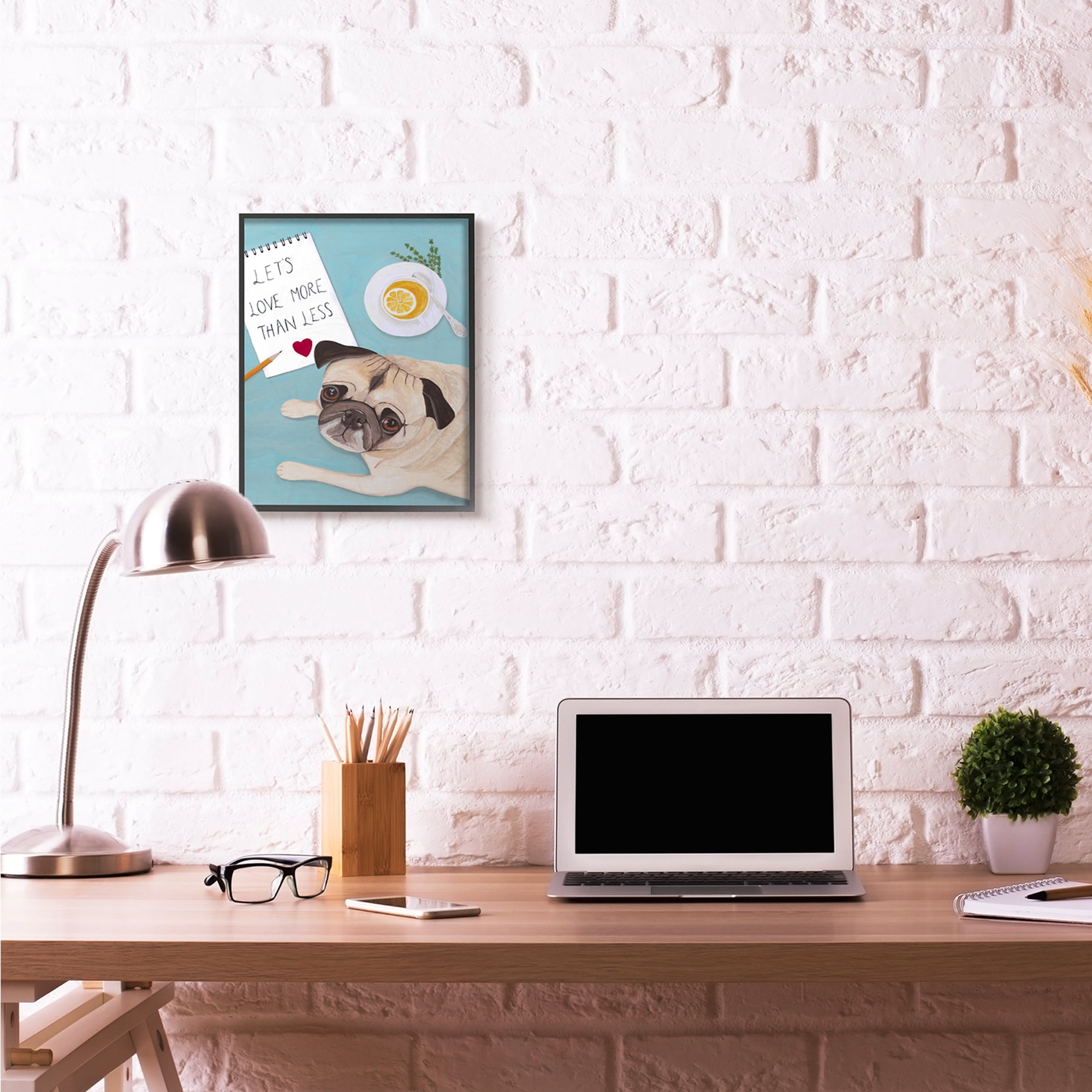 Stupell Industries Love More Pug With Tea Dog Painting Black Framed Art Print Wall Art, 16x20, by Sally B