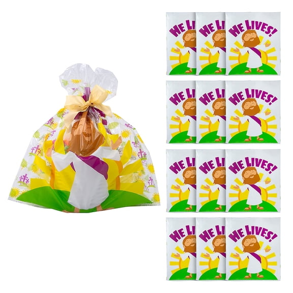 Fun Express He Lives Easter Basket Cellophane Bags, Jumbo 22" x 25" – 12 Pieces