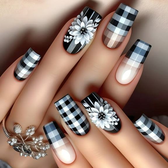 SDFGTstore 24 Pcs Checkerboard Press On Nail White Flowers False Nail Glossy Acrylic Nail