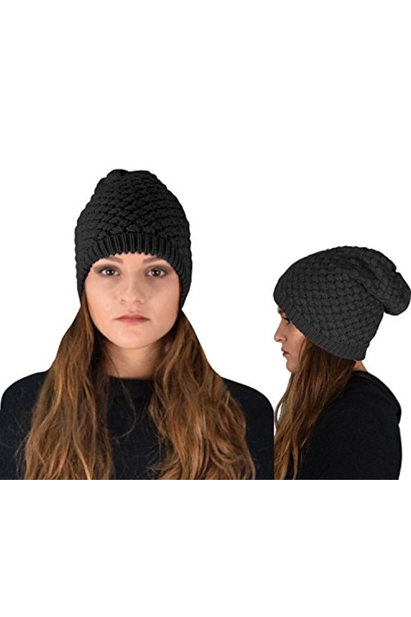 Thick Crochet Knit Quilted Double Layer Beanie Slouchy Hat