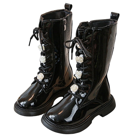 Knee High Boots for Girl Glitter Pearl Strappy Princess Dressy Long Riding Booties Side Zipper Nonslip Tall Fall Boots Black 1 Big Kids