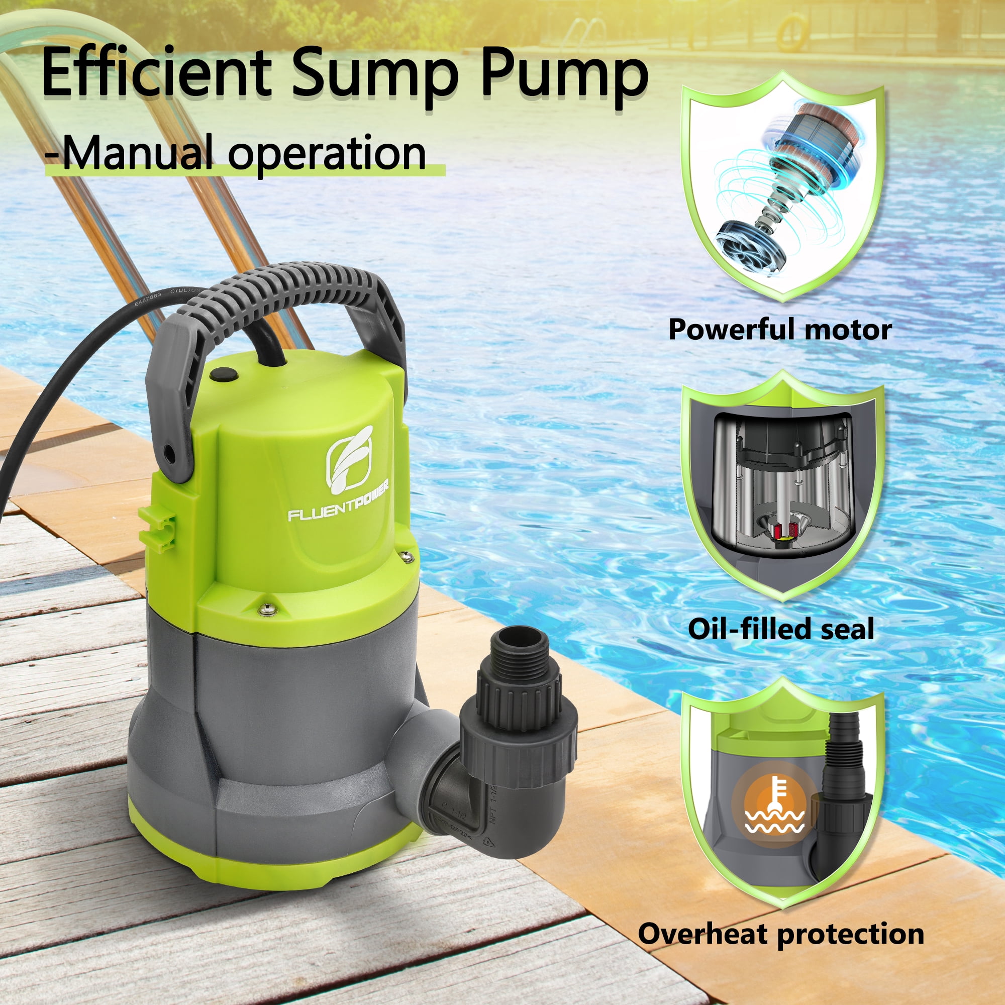 FLUENTPOWER 3/4HP 3500GPH Sump Submersible Pump, Manual Control Drain Water for Basement Flood Garden Pool Pond Tub