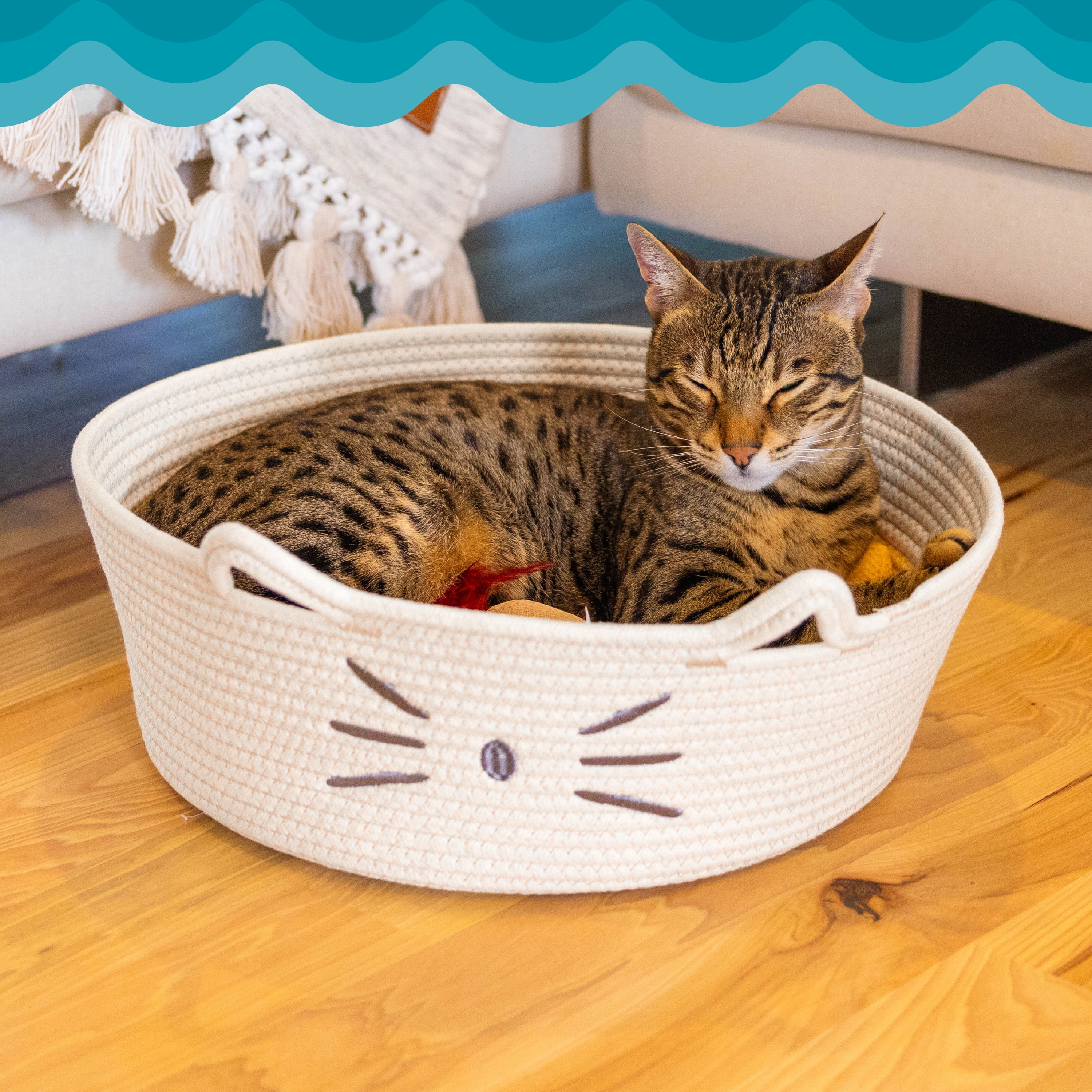 Catstages Bed & Basket Retreat 2-in-1 Cat Bed with Removable Cushion, Plush Cotton Rope, White, 15 in – Versatile Pet Bed and Toy Storage Basket