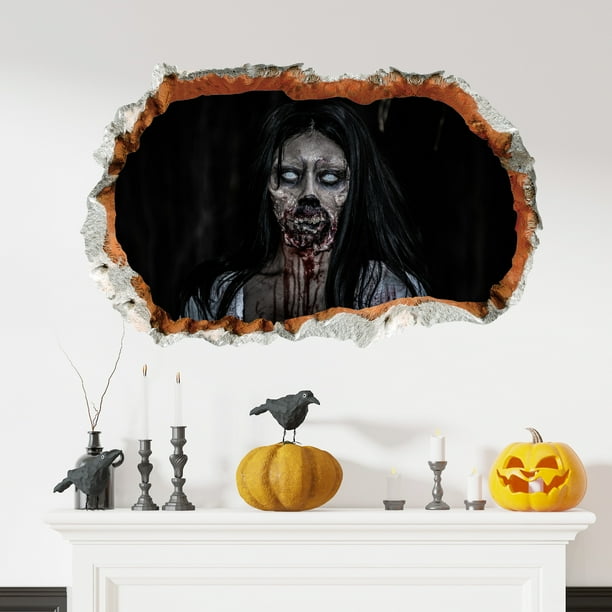 Adhesivos de pared 3D con efecto de pared rota de zombis para Halloween, 59 x 40 cm