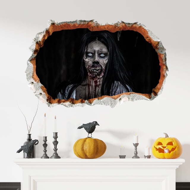 Adhesivos de pared 3D con efecto de pared rota de zombis para Halloween, 59 x 40 cm