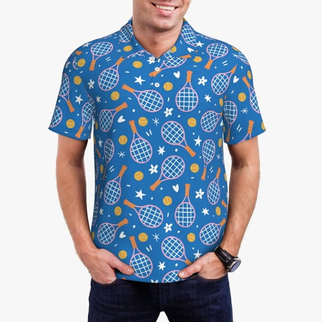 Balery Tennis Camisa Polo de Hombre con Estampado, de Manga Corta y Tejido Medio, Camisa Tipo Golf Polo-Large