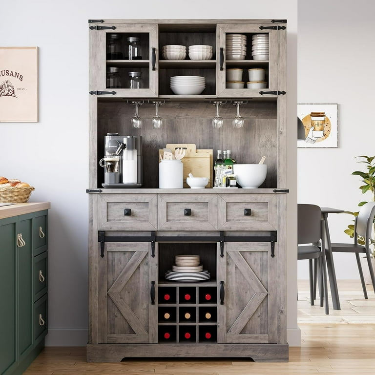 Garvee Farmhouse Coffee Bar Cabinet with Storage 72 Tall Buffet Cabinet with Sliding Barn Door and 3 Drawers Liquor Cabinet with 9 Wine Glasses