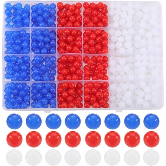 600Pcs 3 Colors Blue Red and White Beads 8mm Round Acrylic Beads 4th of July Jelly Small Ball Smooth Loose Spacer Charms Findings for Jewelry Making Necklaces Bracelets DIY Craft Colorful