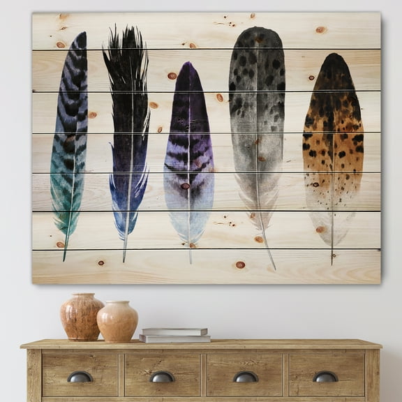 Designart 'Colourful Boho Art Feathers II' Bohemian & Eclectic Print on Natural Pine Wood