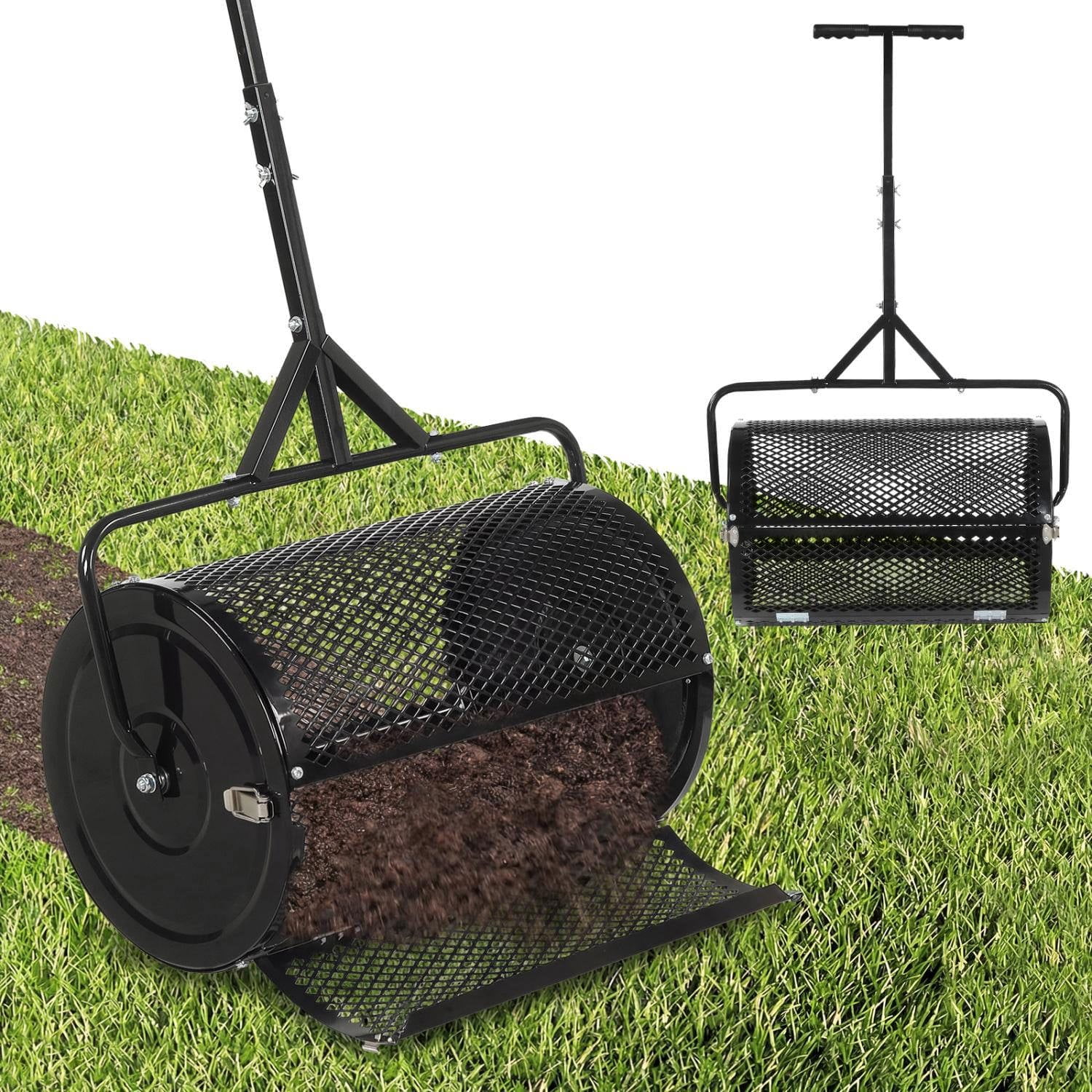 Resenkos 24 Inch Compost Spreader Roller with Adjustable T Shaped Handle, 2.7 Cu.Ft Lawn Topdressing Peat Moss Spreader for Garden and Yard, Black