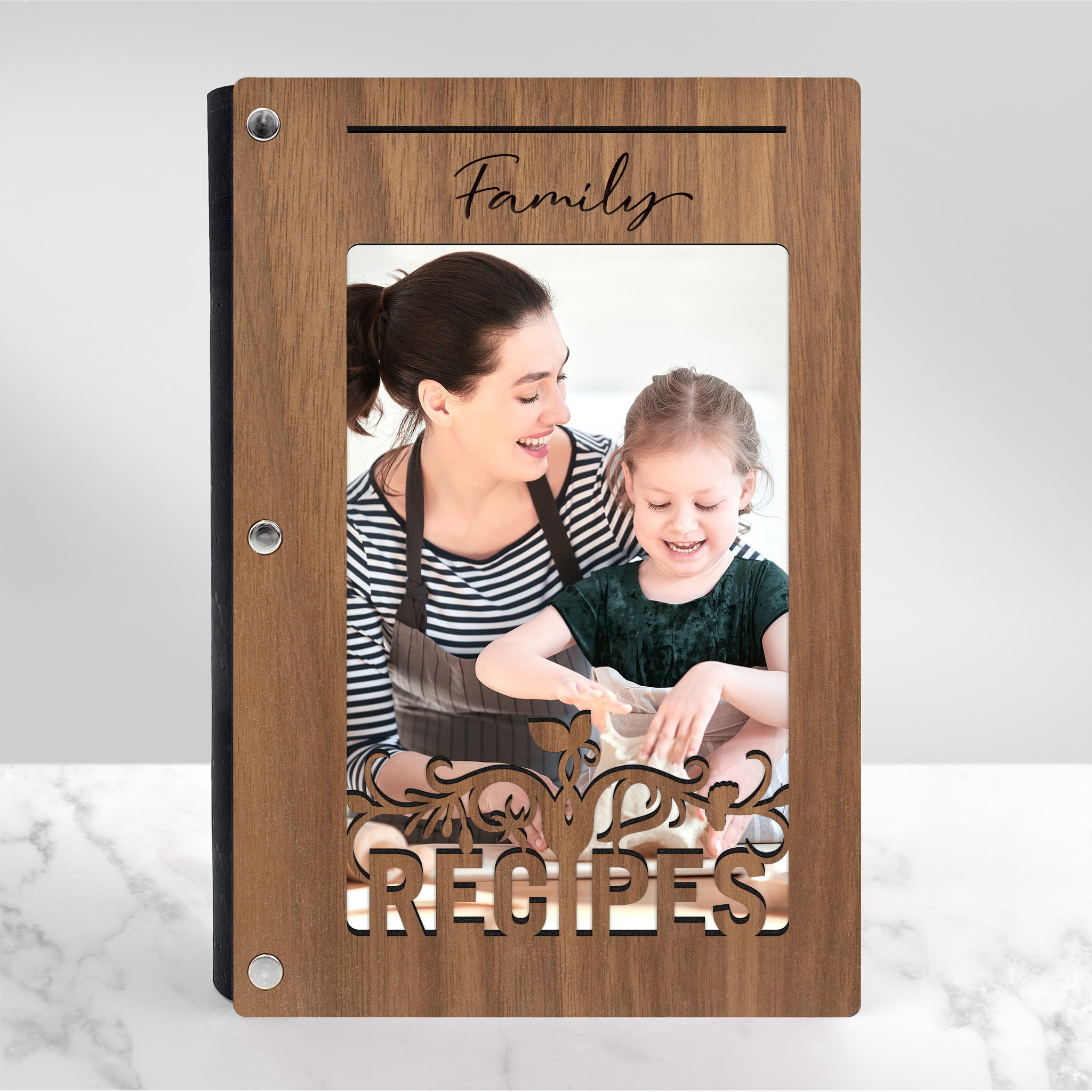 Handmade Recipe Book with Wood Cover, Photo Sleeve on Cover, Blank Recipe Cards, Banner Design, Family Recipe Book. Walnut