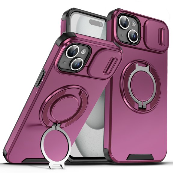 Moreoy Magnetic Case for iPhone 15 with Rotating Ring Stand & Slide Lens Cover Protection Shockproof Dual-layer Protective Phone Case with Magnetic Kickstand Finger Grip Holder Cover,Cherryred