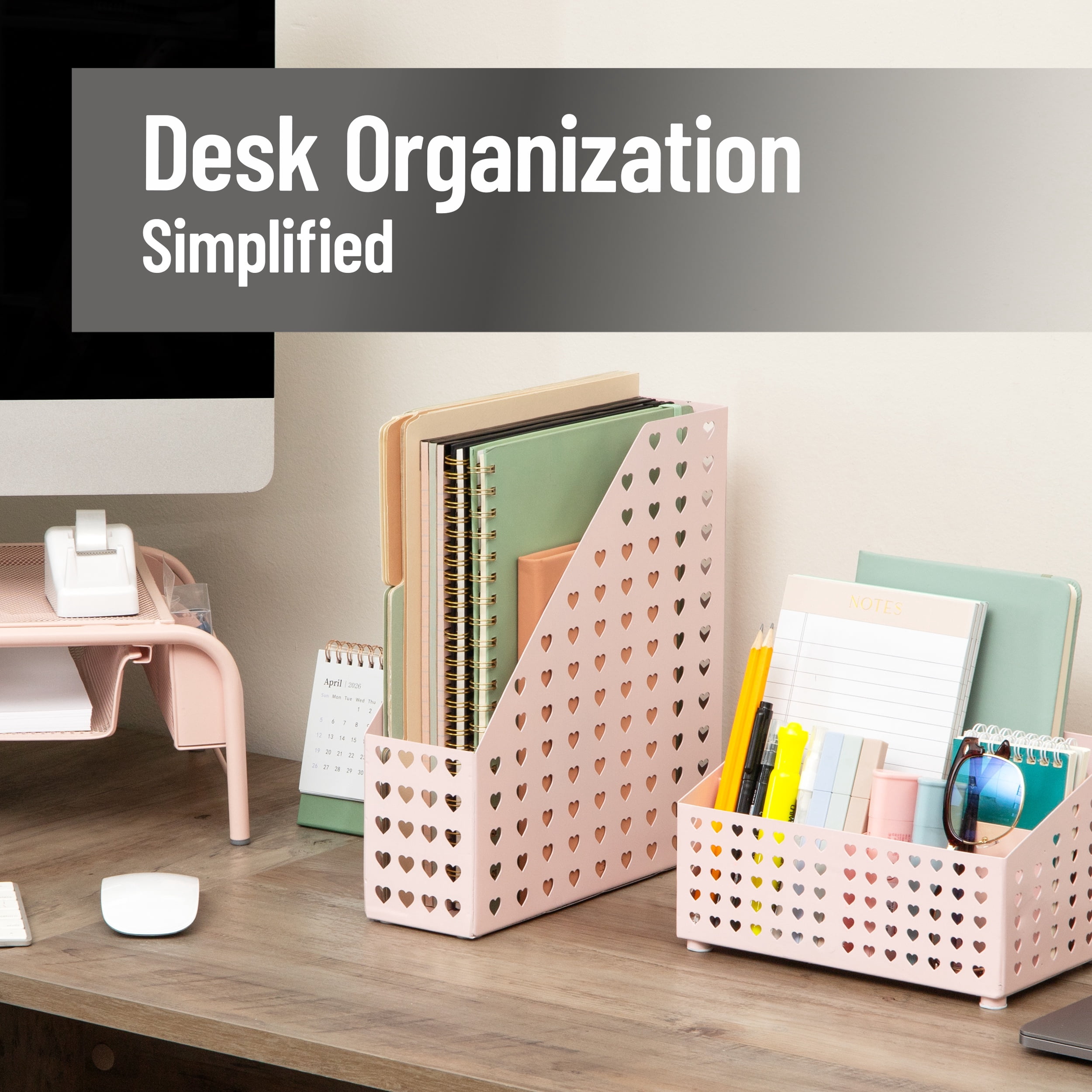 Mind Reader Metal Magazine Organizer with Heart Cutout, Vertical File Holder, Pink