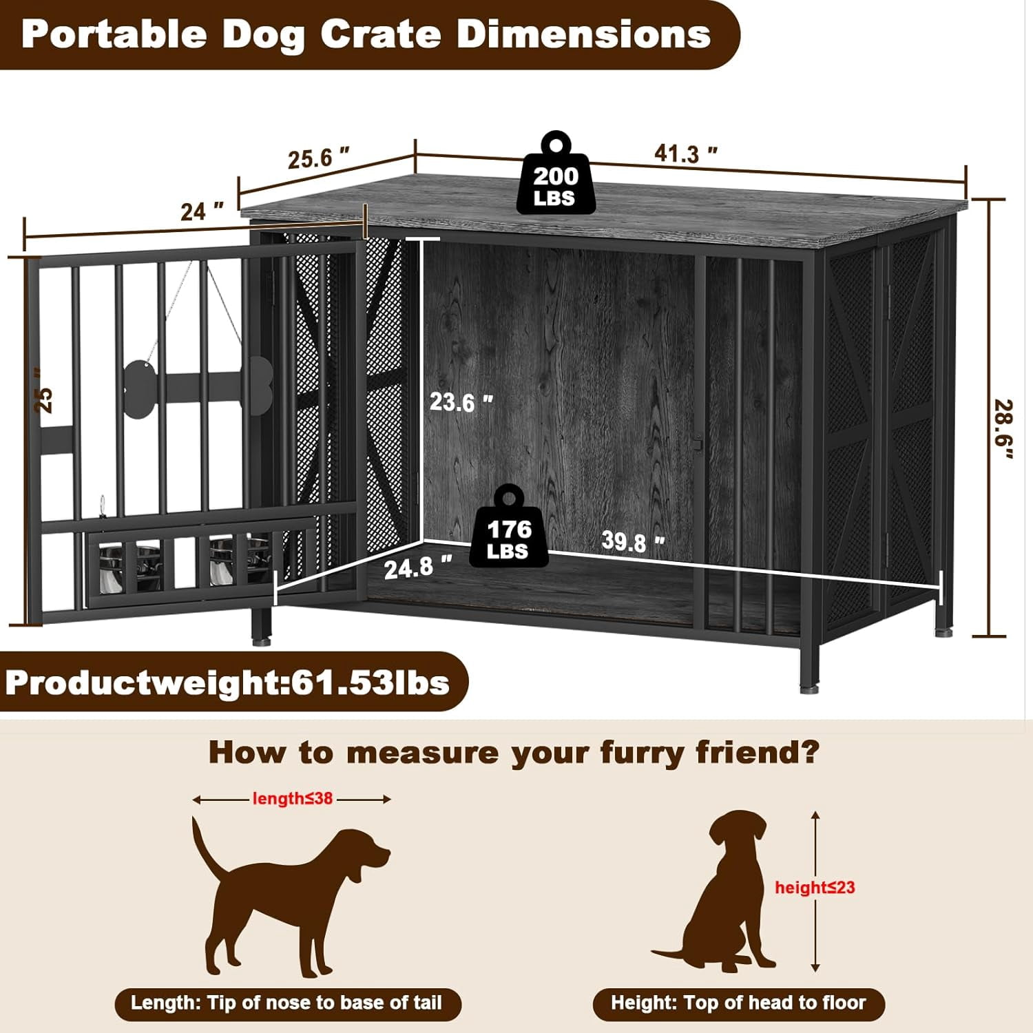 POAO Foldable Large Dog Crate Furniture, 41.3" Assembly-Free Dog Crates for Large Dogs, Decorative Wooden Dog Kennel Indoor with Tag & Dog Bowls