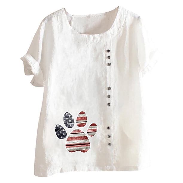 Mujeres Casual Algodón y Lino Top Impreso Manga Corta Botón Túnica Camiseta Blusa Tops Fridja nalpqowj29436