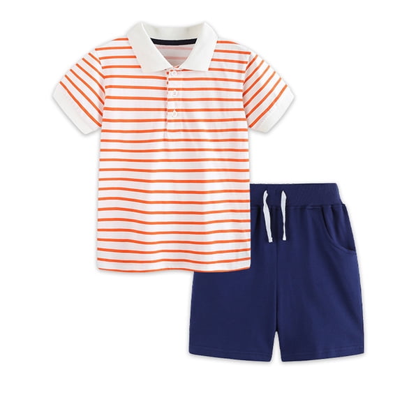 Bysome Boys Outfit Set Striped Print Short Sleeve Lapel Neck Tees With Solid Color Shorts Set Breathable Boys Outfit Size 2-3 Years White