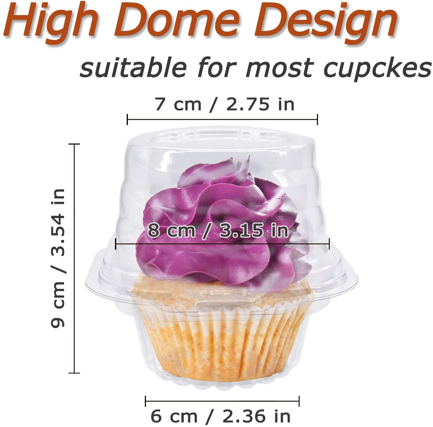 Muffin Salad Dessert Hamburgers Fruit Cupcake Carriers 50 PCS Individual Cupcake Container Disposable Clear Plastic Cupcake Boxes with Deep Dome Lids 