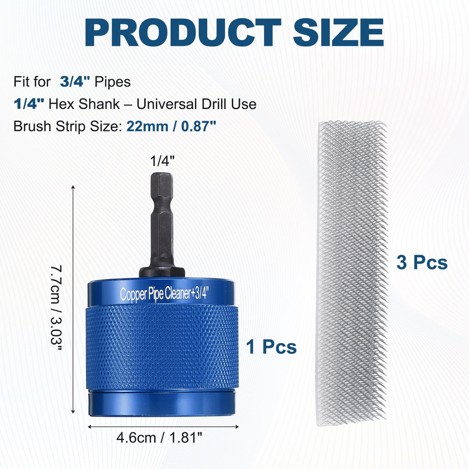 Uxcell 3/4" 1/4" Metal Copper Pipe Cleaner Set, Hex Shank Drill Powered Pipe Brush Replacement Plumbing Tools with 3 Brushes for Removing Dust Rust Copper Various Metal Pipes, Blue