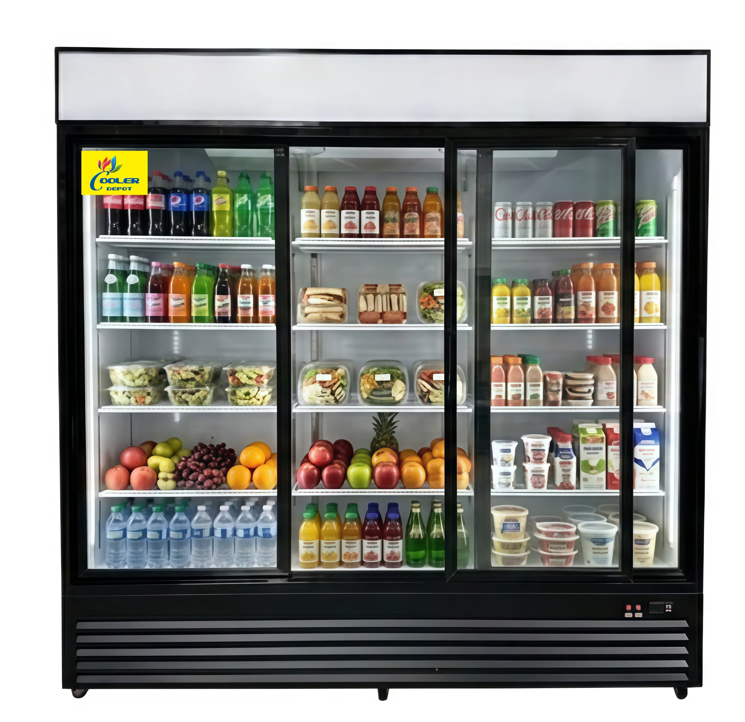 Cooler Depot 74 in. W 55.7 cu. ft. Commercial Refrigerator Reach In Merchandiser Cooler with Three Sliding Glass Doors in Black Frame Cooler Depot