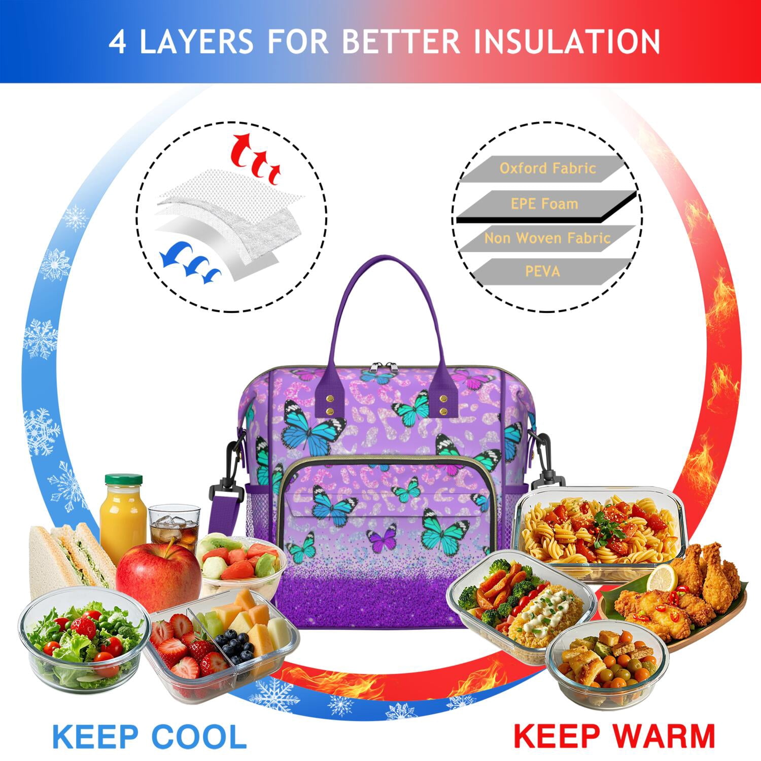 Butterflies Lovers Artistic Lunch Tote – Insulated Leakproof Large Cooler Bag with Colorful Floral Patterns, Dual Compartments for Outdoor or Office