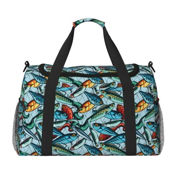 Balery Colorful Fishing Baits Bolsa de Gimnasio para Mujeres, Bolsa de Viaje con Bolsillo Húmedo, Bolsa de Fin de Semana para Mujeres, Bolsa de Viaje Resistente al Agua