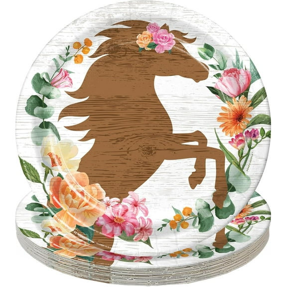 Horse Theme Party Western Girl Party Supplies - Floral Horse Round Paper Dinner Plates for 16 Guests