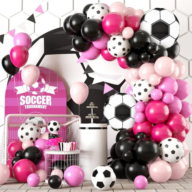 Kit de arco con forma de guirnalda de globos GRESATEK para fiesta de fútbol, negro y rosa intenso