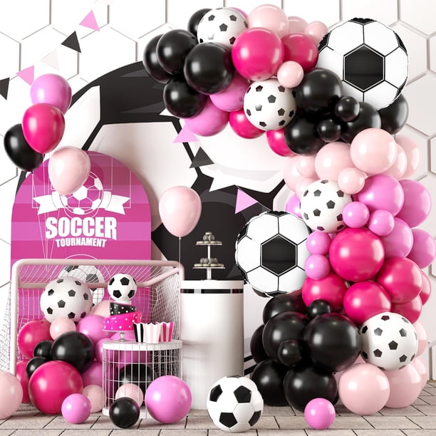 Kit de arco con forma de guirnalda de globos GRESATEK para fiesta de fútbol, negro y rosa intenso